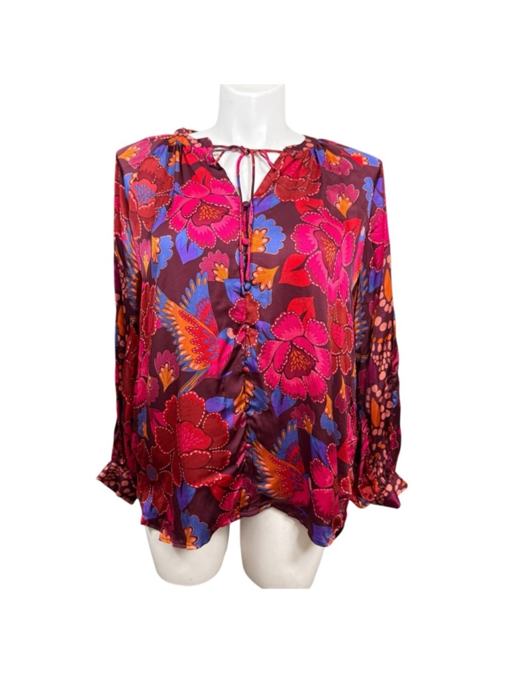 Philosophy Floral Boho‎ Blouse XL NWT Balloon Sleeve Tie Neck Top